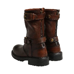 Brown Leather Mid Calf Biker Boots Shoes