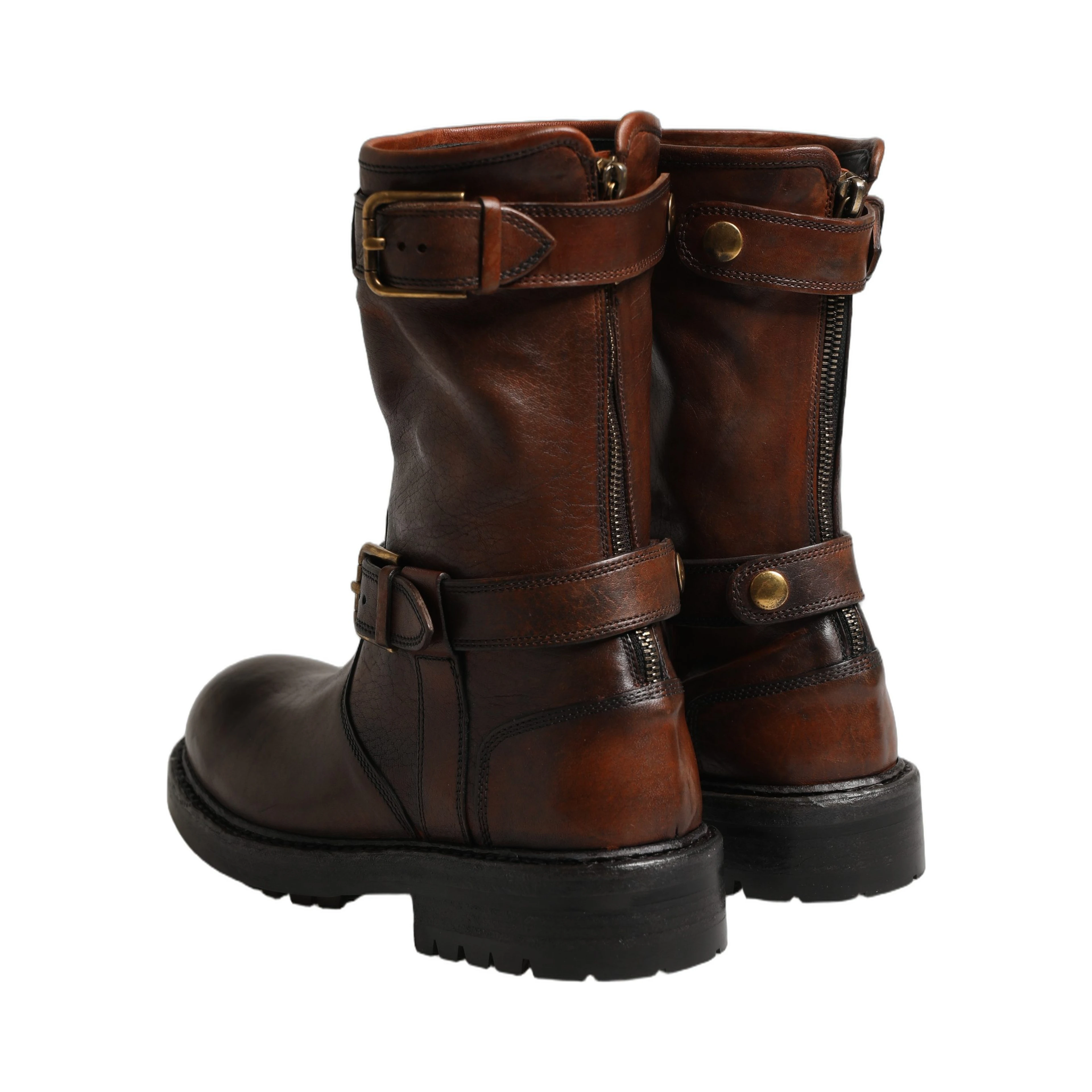 Brown Leather Mid Calf Biker Boots Shoes