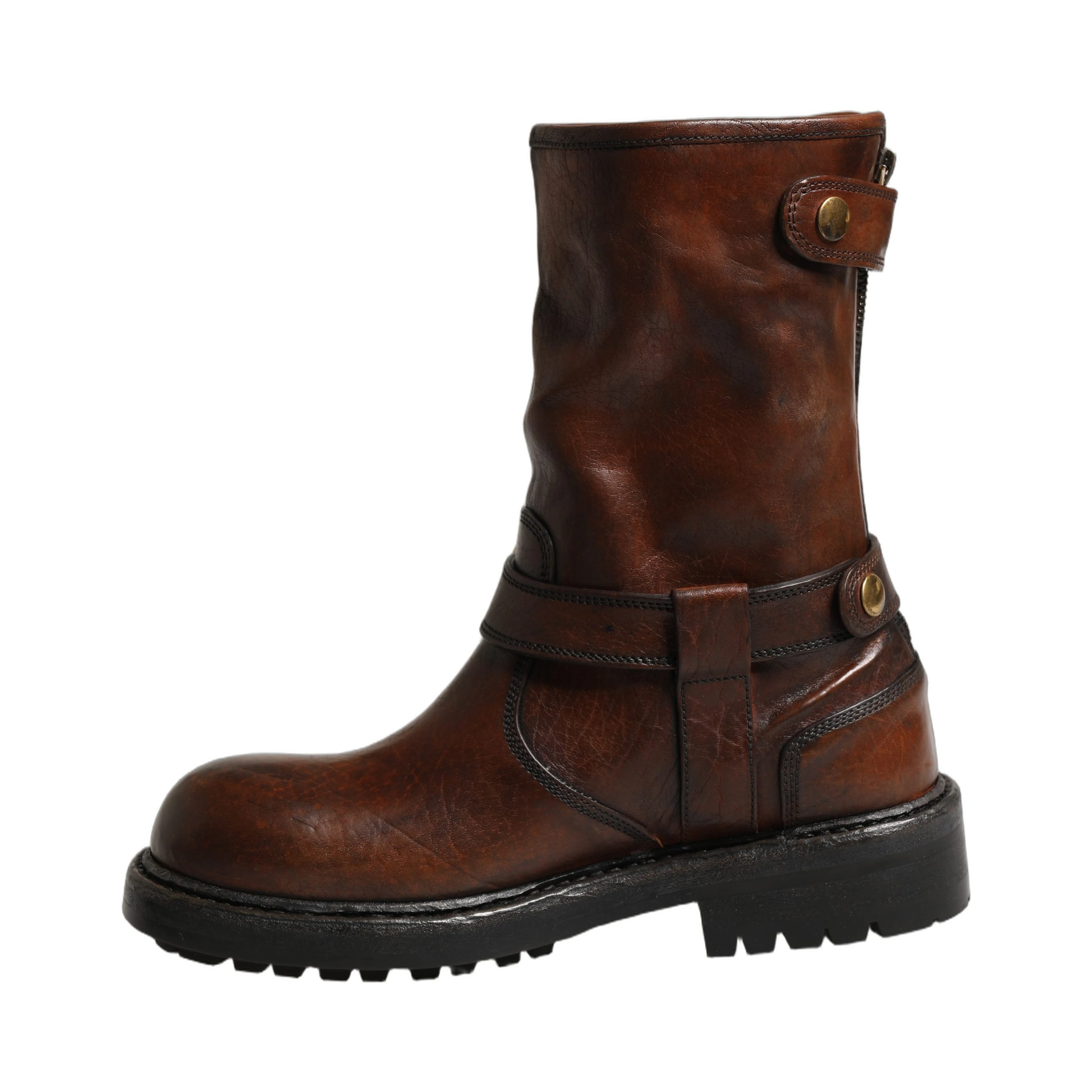 Brown Leather Mid Calf Biker Boots Shoes