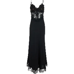black Long dress with lace embroidery and spaghetti straps in fabric for women