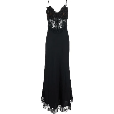 black Long dress with lace embroidery and spaghetti straps in fabric for women