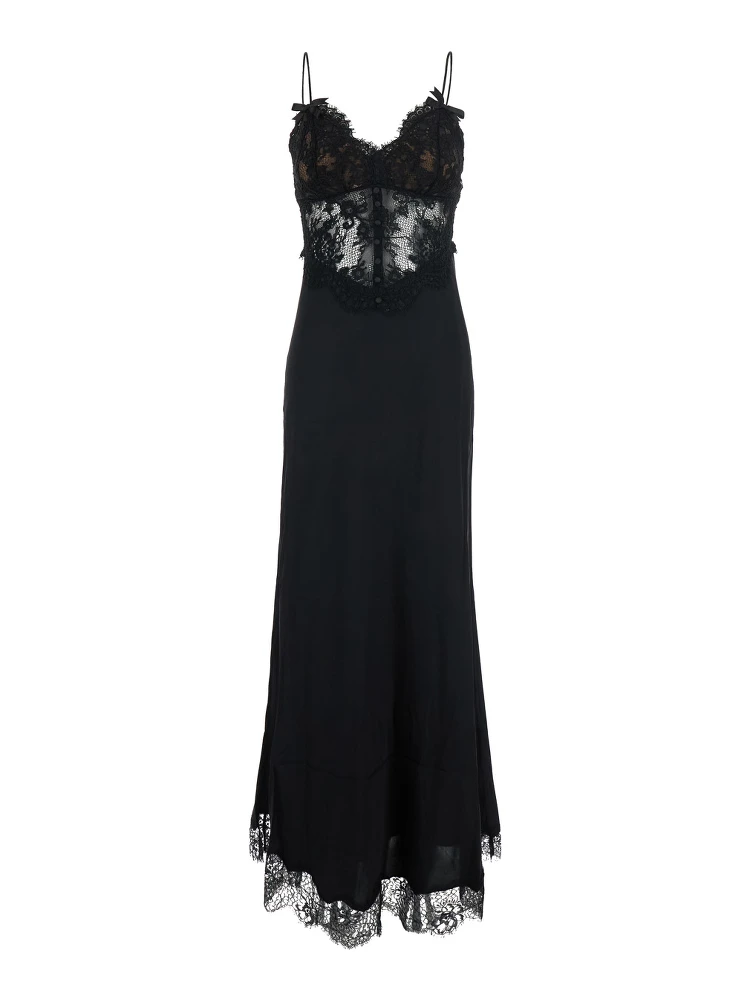 black Long dress with lace embroidery and spaghetti straps in fabric for women
