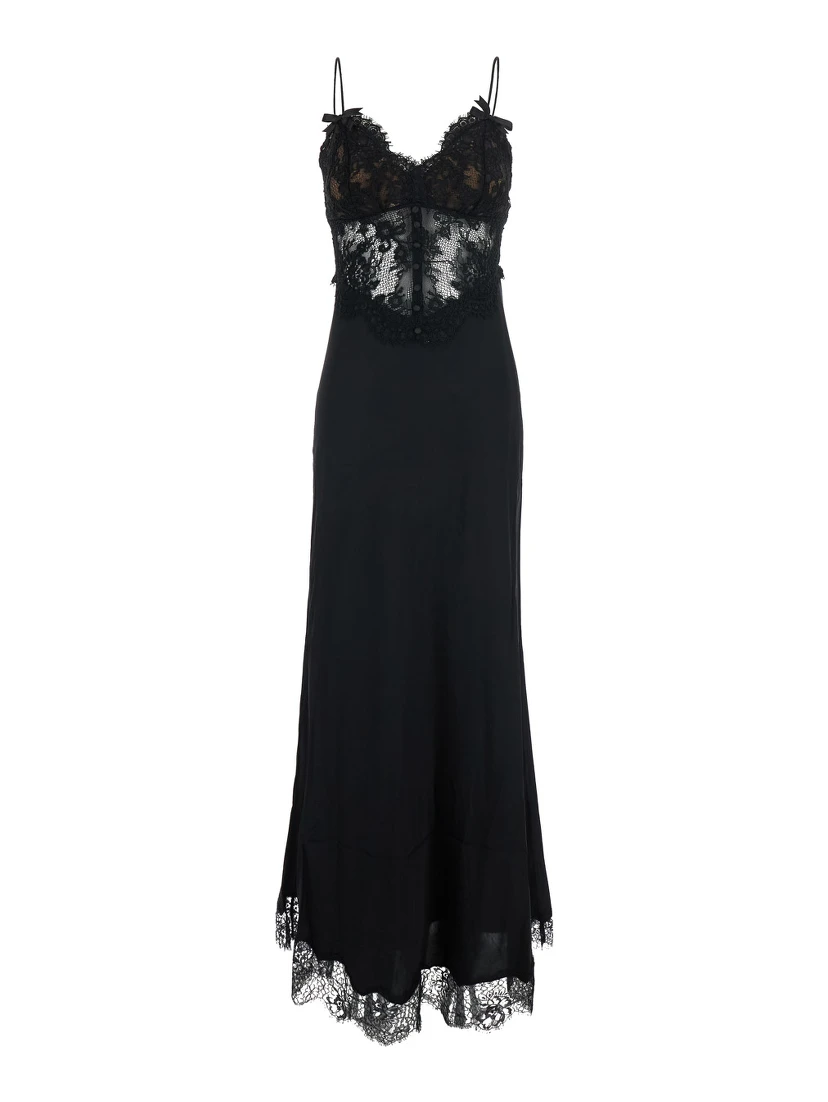 black Long dress with lace embroidery and spaghetti straps in fabric for women