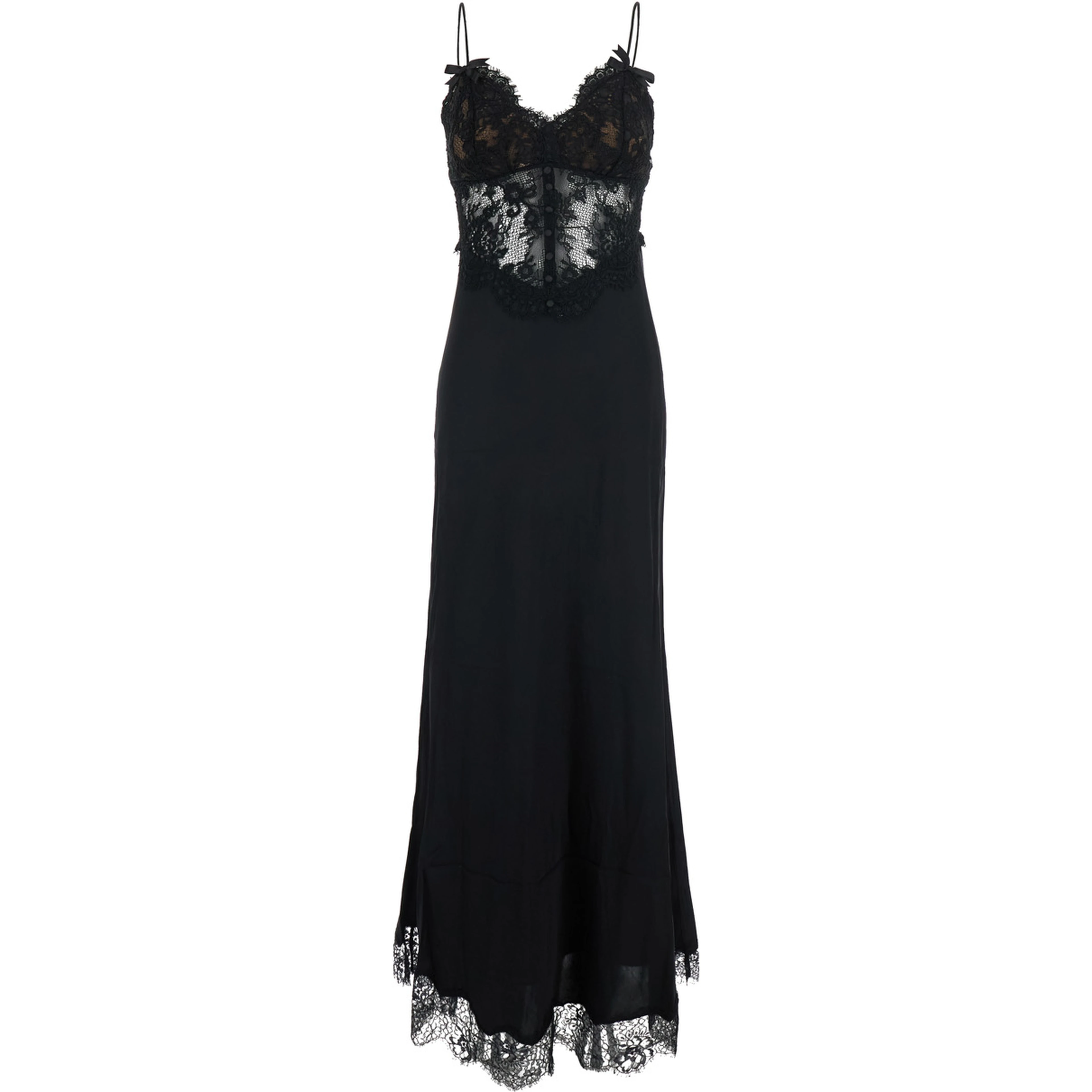 black Long dress with lace embroidery and spaghetti straps in fabric for women