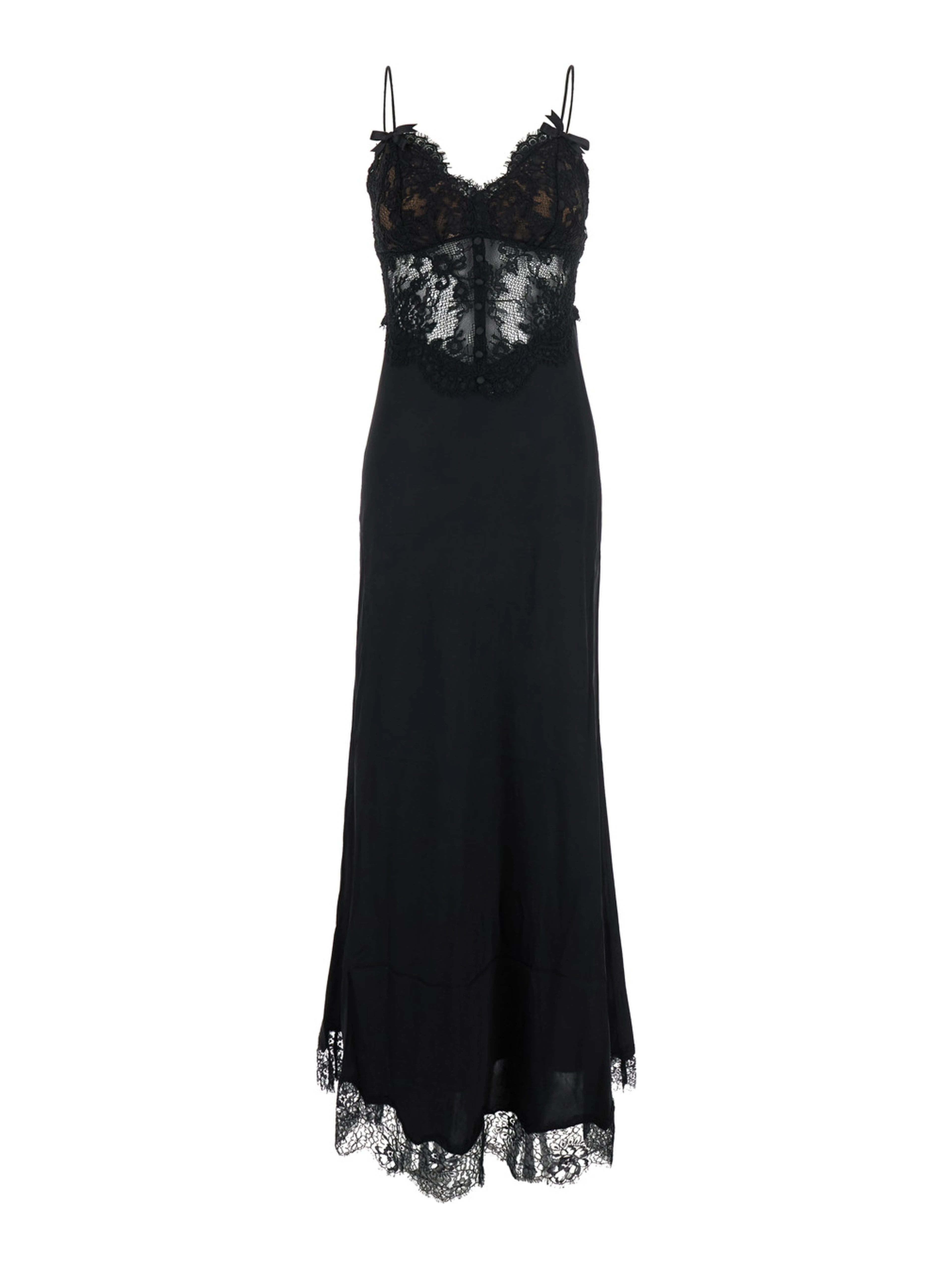 black Long dress with lace embroidery and spaghetti straps in fabric for women