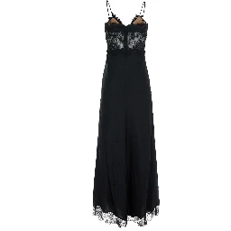 black Long dress with lace embroidery and spaghetti straps in fabric for women