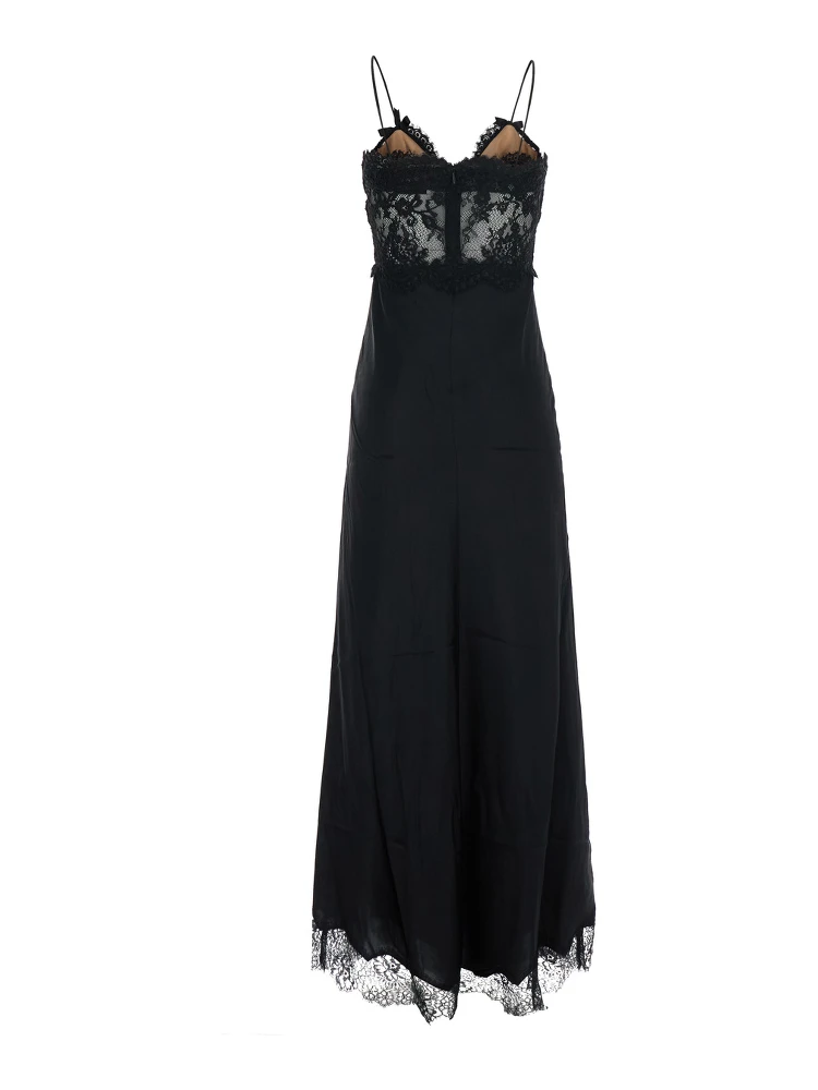 black Long dress with lace embroidery and spaghetti straps in fabric for women alternative