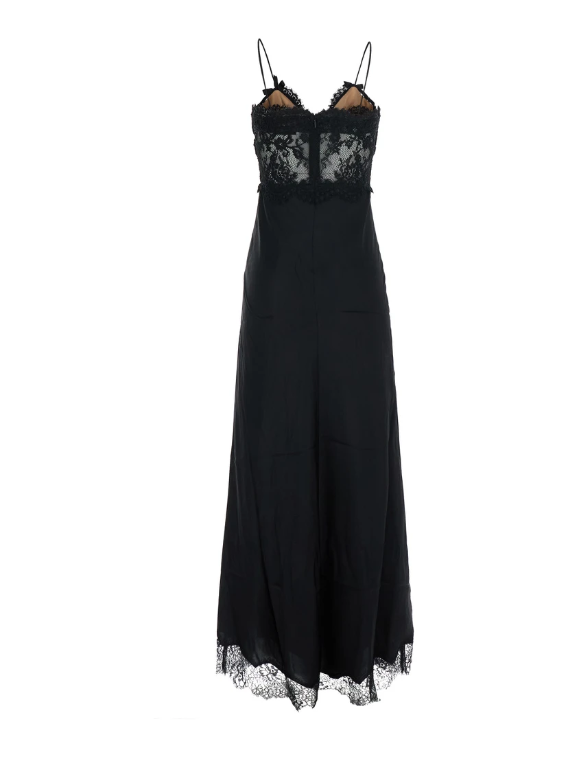black Long dress with lace embroidery and spaghetti straps in fabric for women