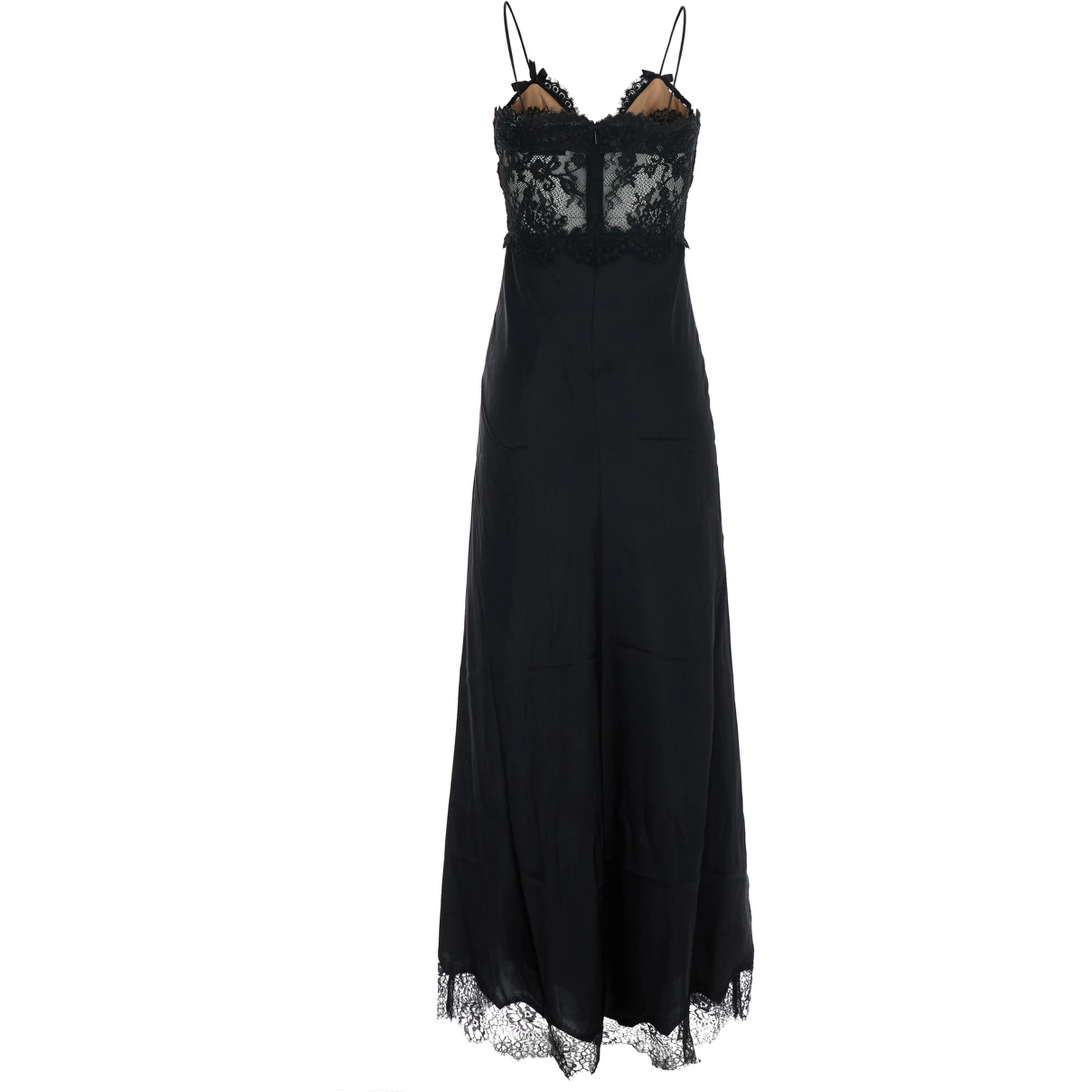 black Long dress with lace embroidery and spaghetti straps in fabric for women