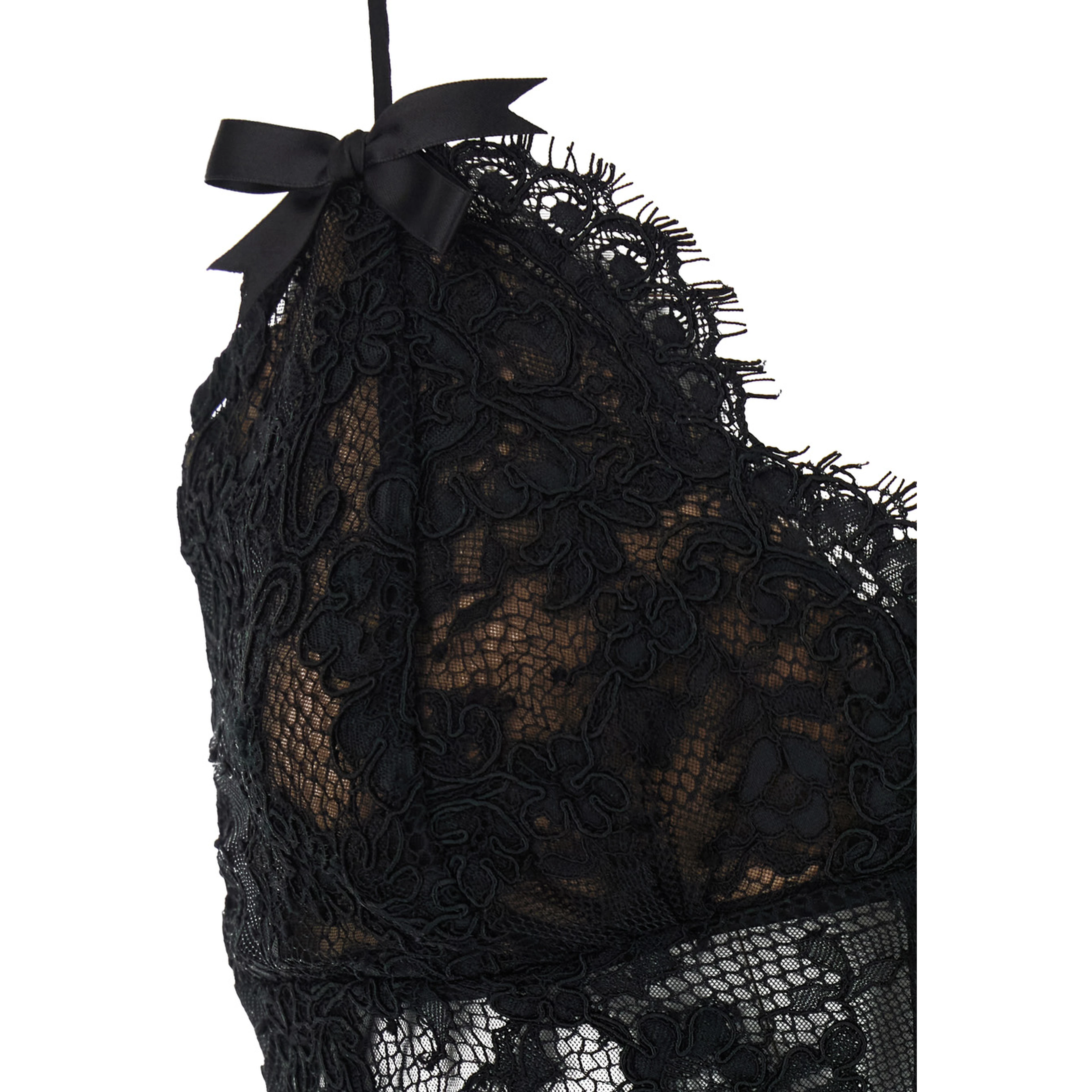 black Long dress with lace embroidery and spaghetti straps in fabric for women