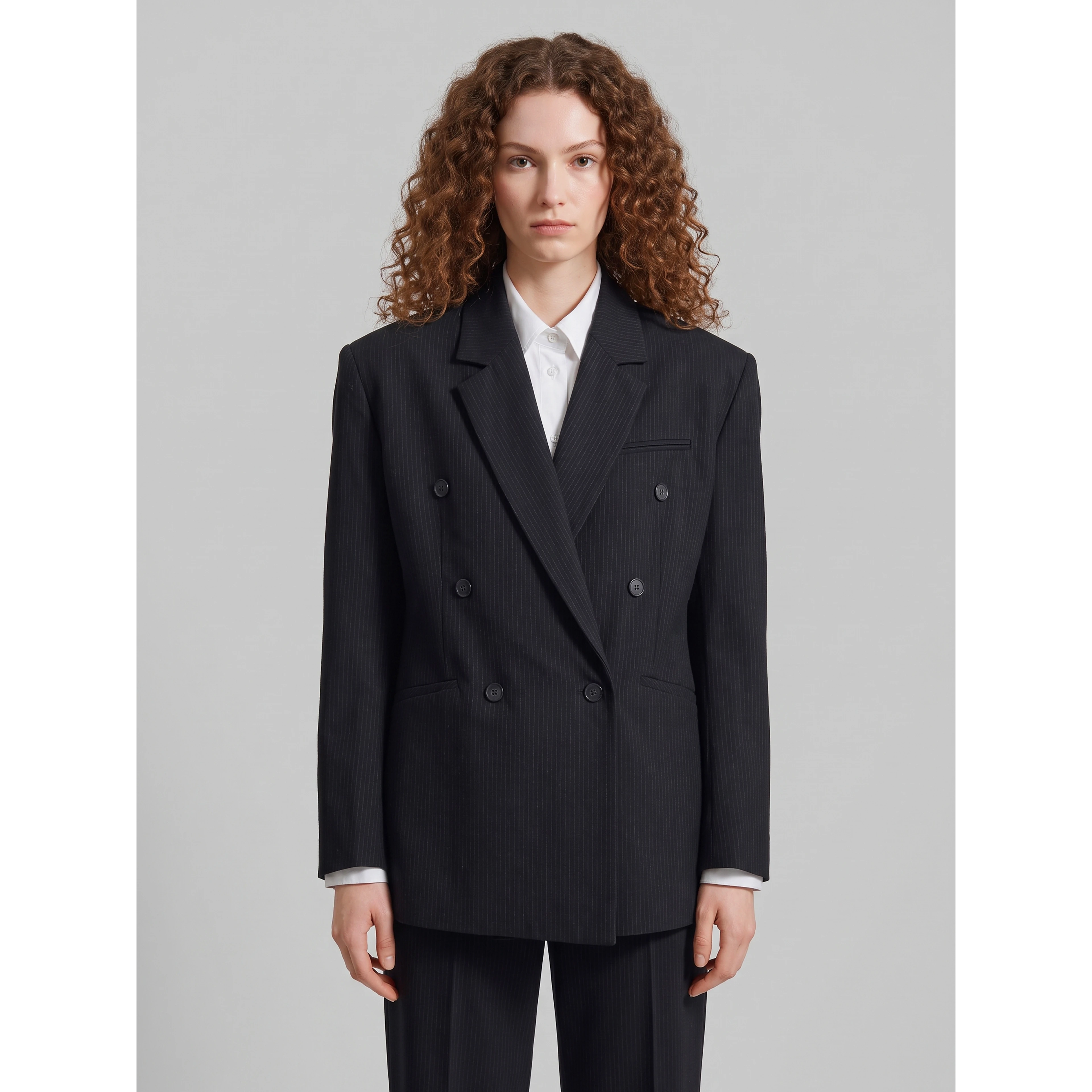 Double-breasted Jade blazer in black pinstripe