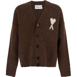V Neck Cardigan with AMI de Coeur in Brown for Men