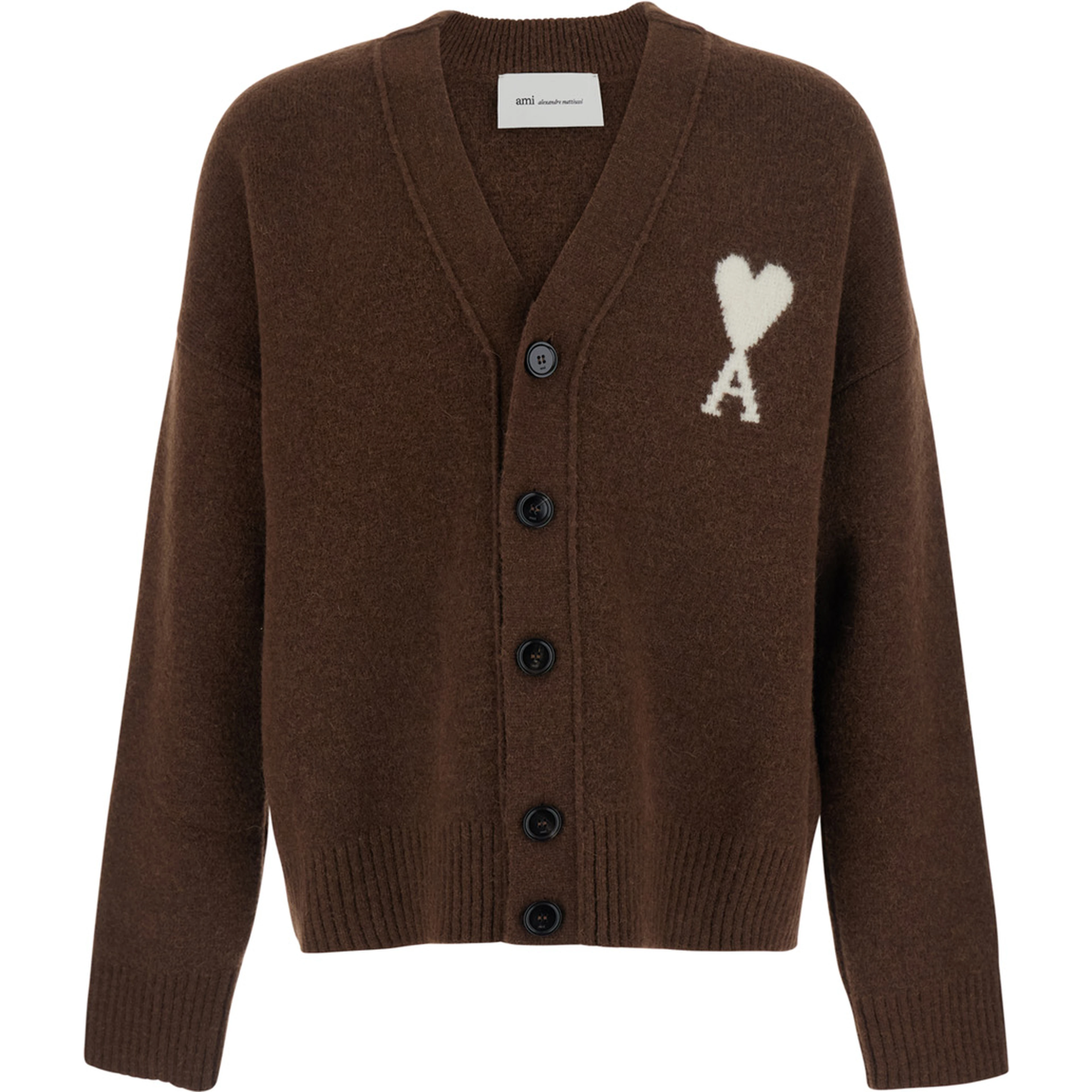 V Neck Cardigan with AMI de Coeur in Brown for Men