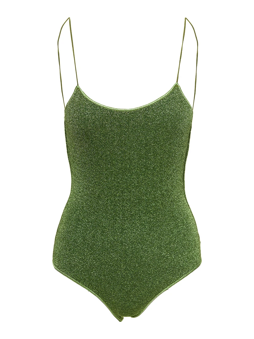 Lumière Maillot Green One-Piece Swimsuit with Deep Back Neckline in Lurex for Women