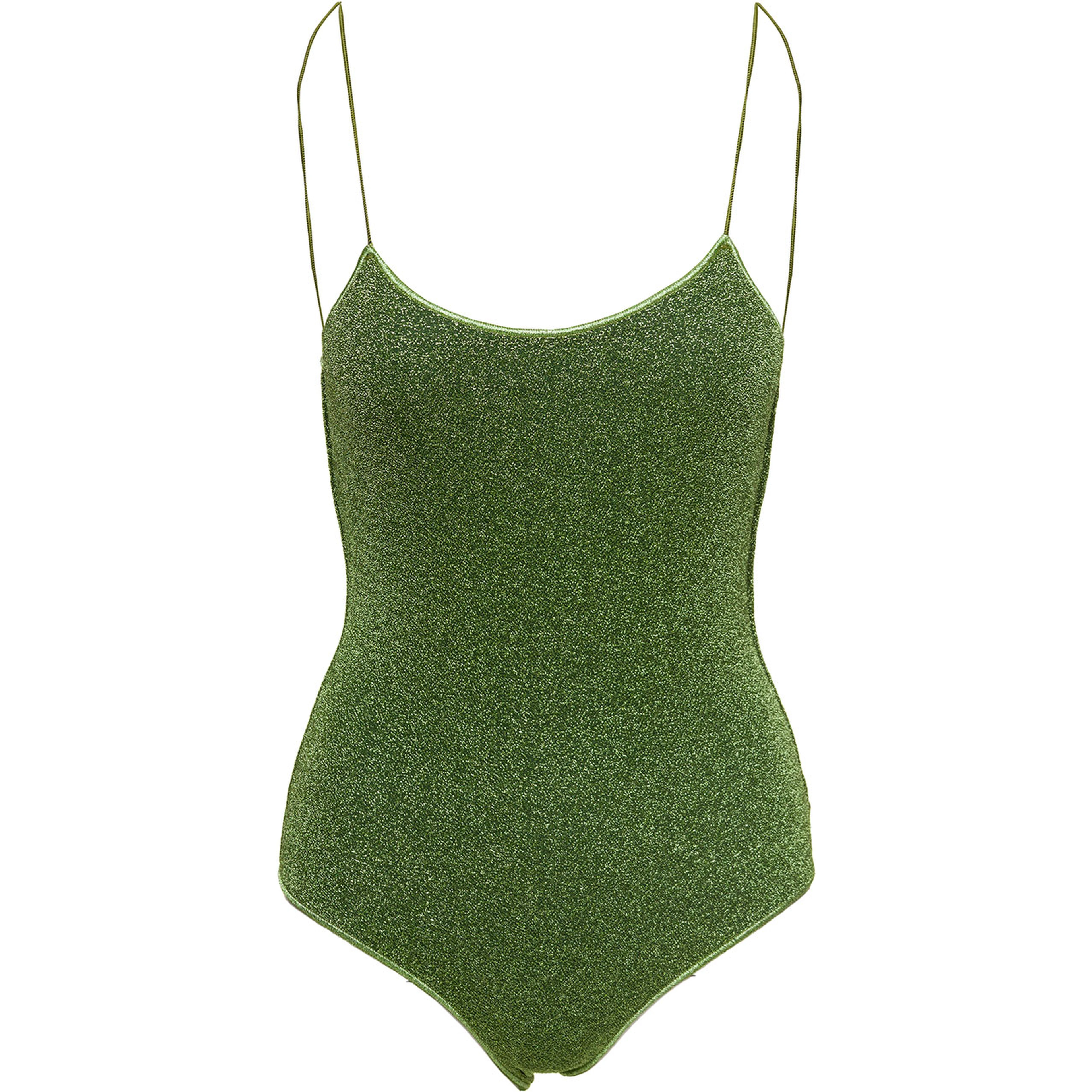 Lumière Maillot Green One-Piece Swimsuit with Deep Back Neckline in Lurex for Women