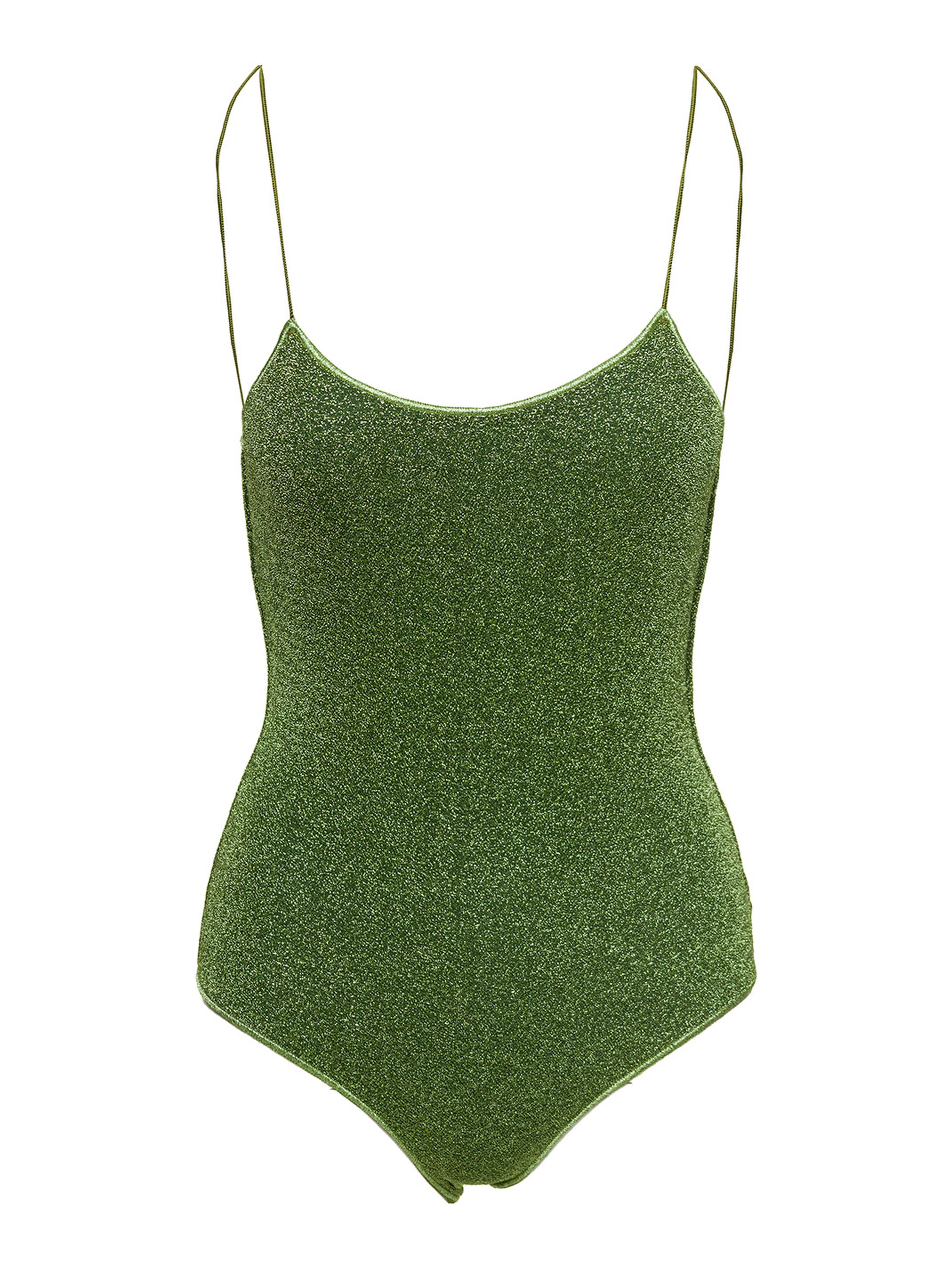 Lumière Maillot Green One-Piece Swimsuit with Deep Back Neckline in Lurex for Women