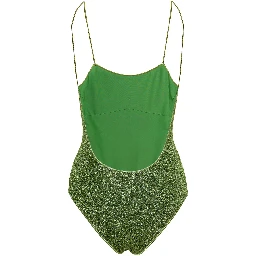 Lumière Maillot Green One-Piece Swimsuit with Deep Back Neckline in Lurex for Women