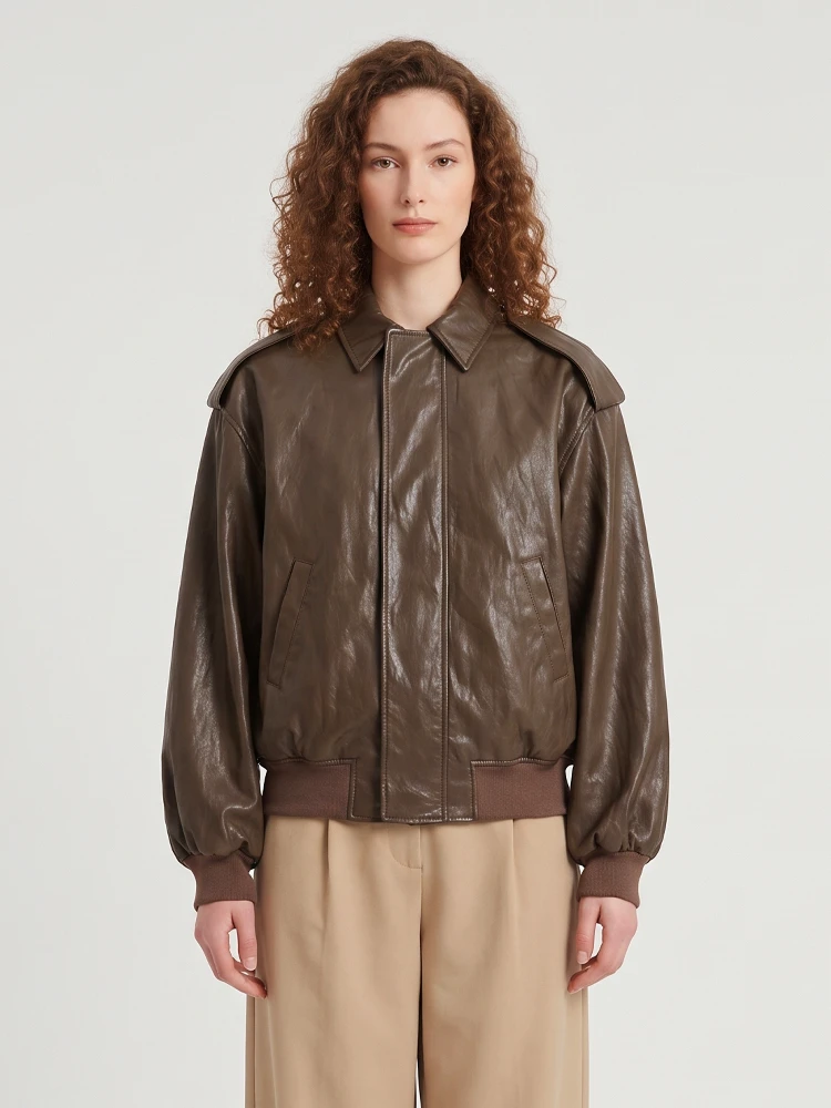 Brown laminated faux leather bomber jacket