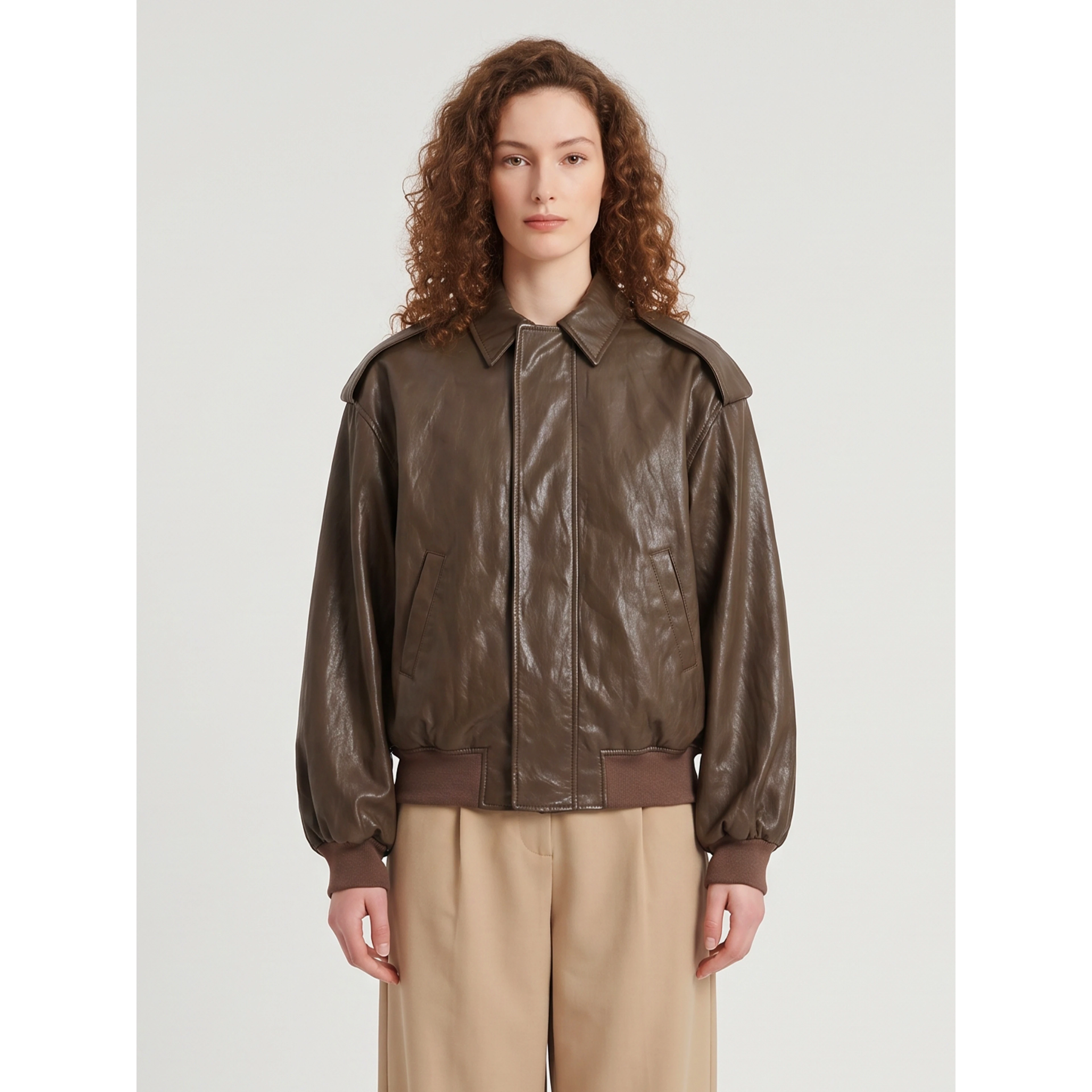 Brown laminated faux leather bomber jacket