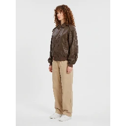 Brown laminated faux leather bomber jacket