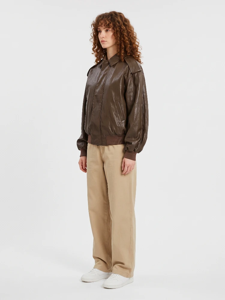 Brown laminated faux leather bomber jacket alternative
