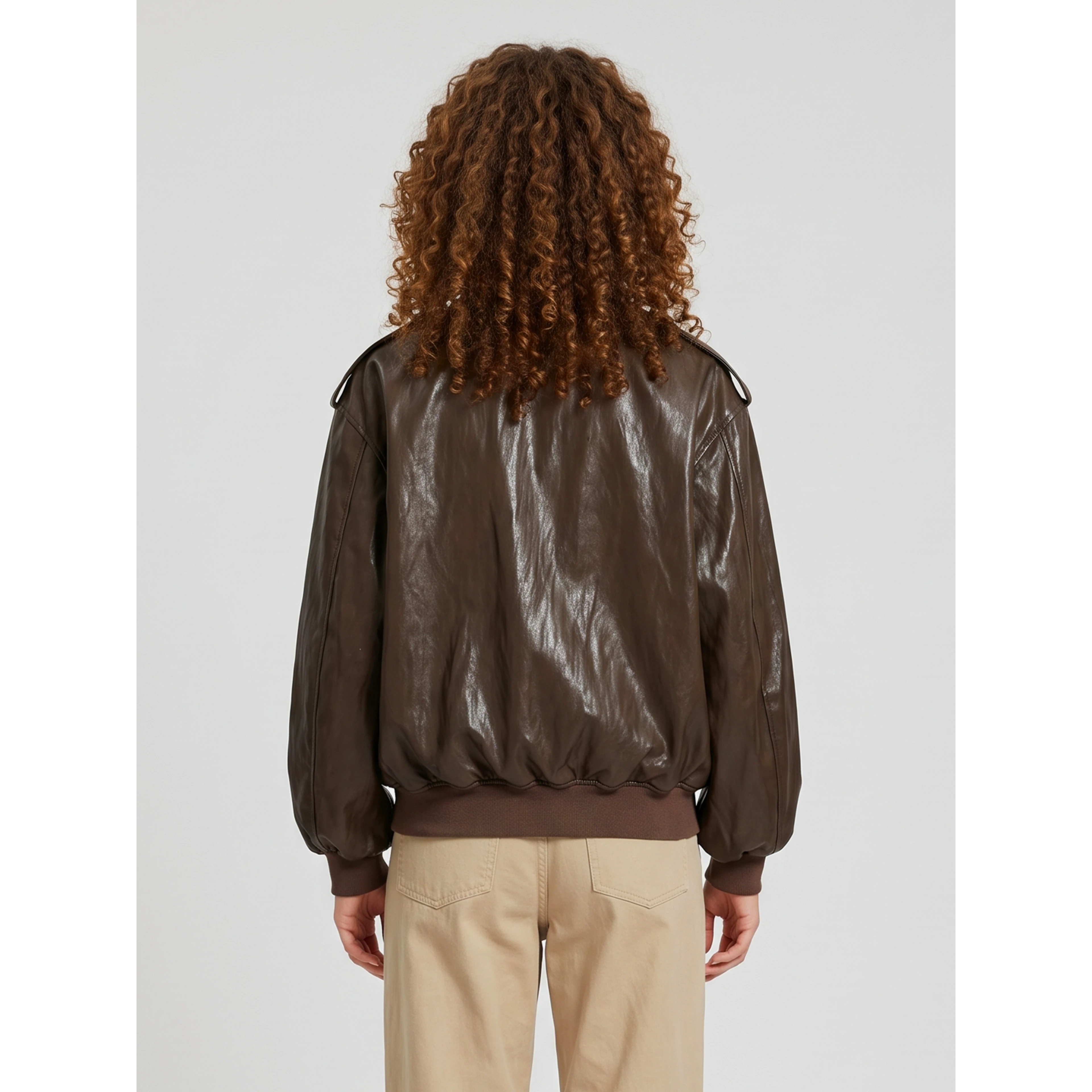 Brown laminated faux leather bomber jacket