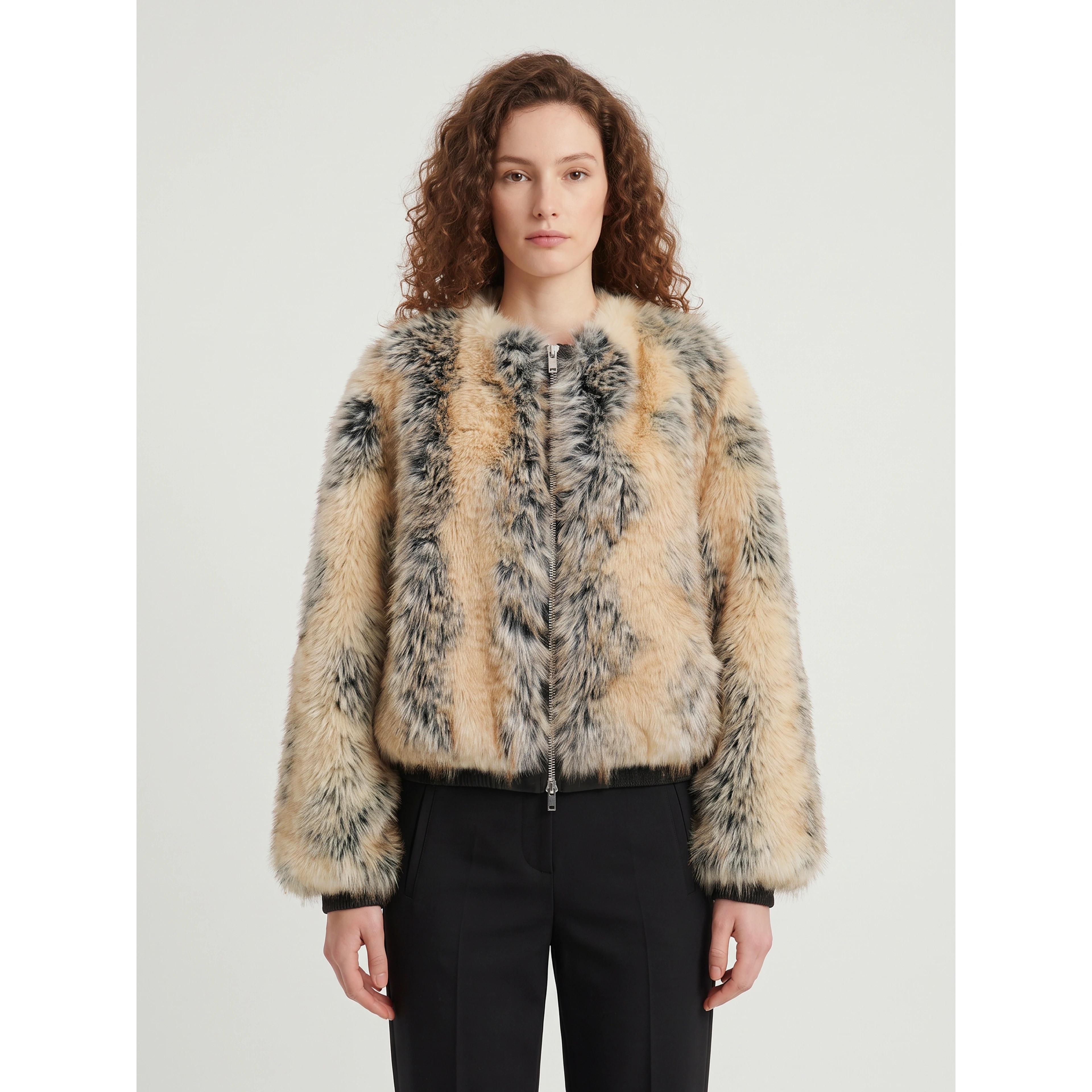 Beige combo Gina faux fur bomber jacket