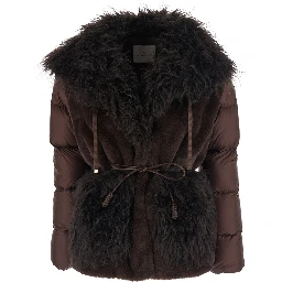 Immersive Brown Down jacket with maxi eco-fur collar and adjustable belt in tech fabric for women