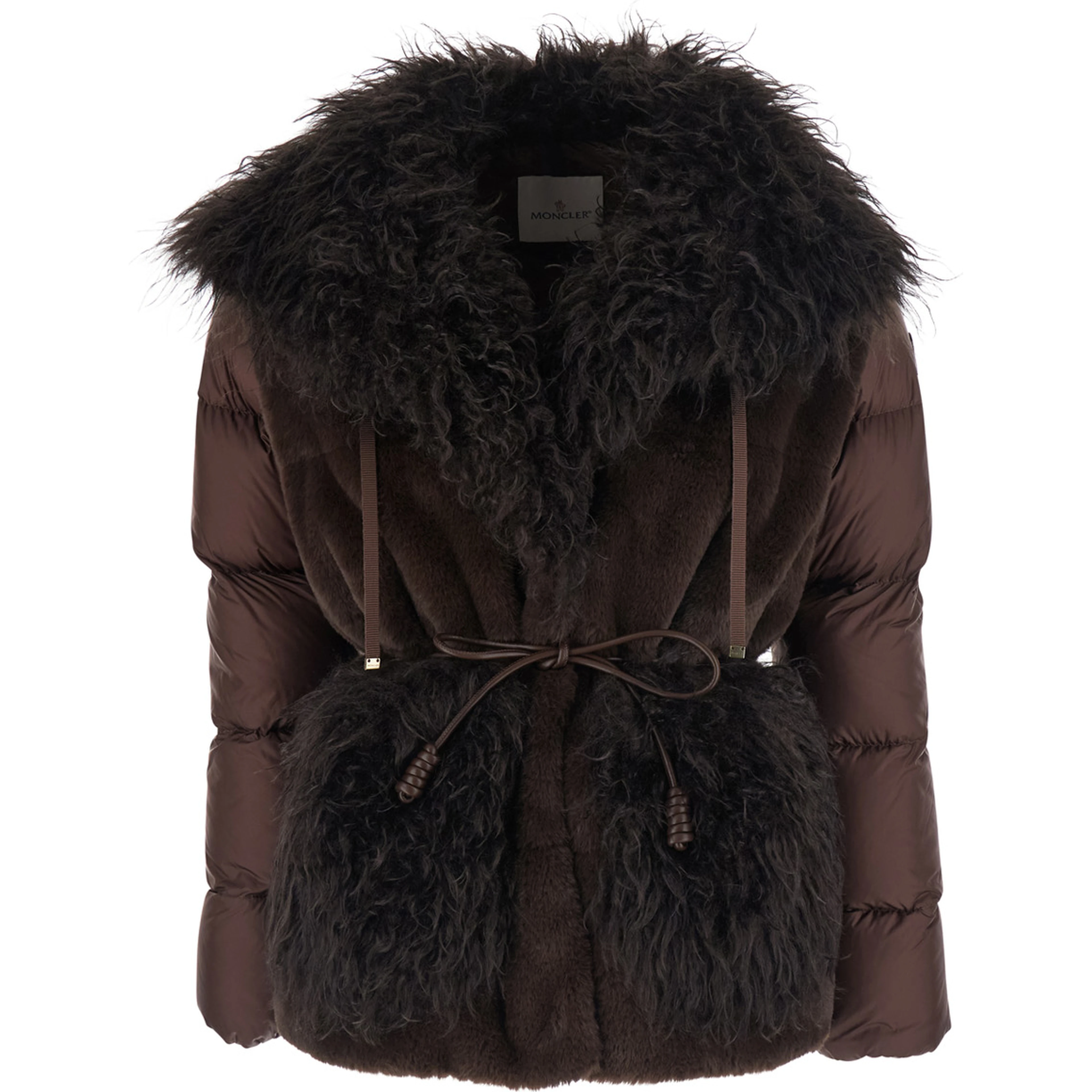 Immersive Brown Down jacket with maxi eco-fur collar and adjustable belt in tech fabric for women