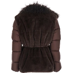 Immersive Brown Down jacket with maxi eco-fur collar and adjustable belt in tech fabric for women