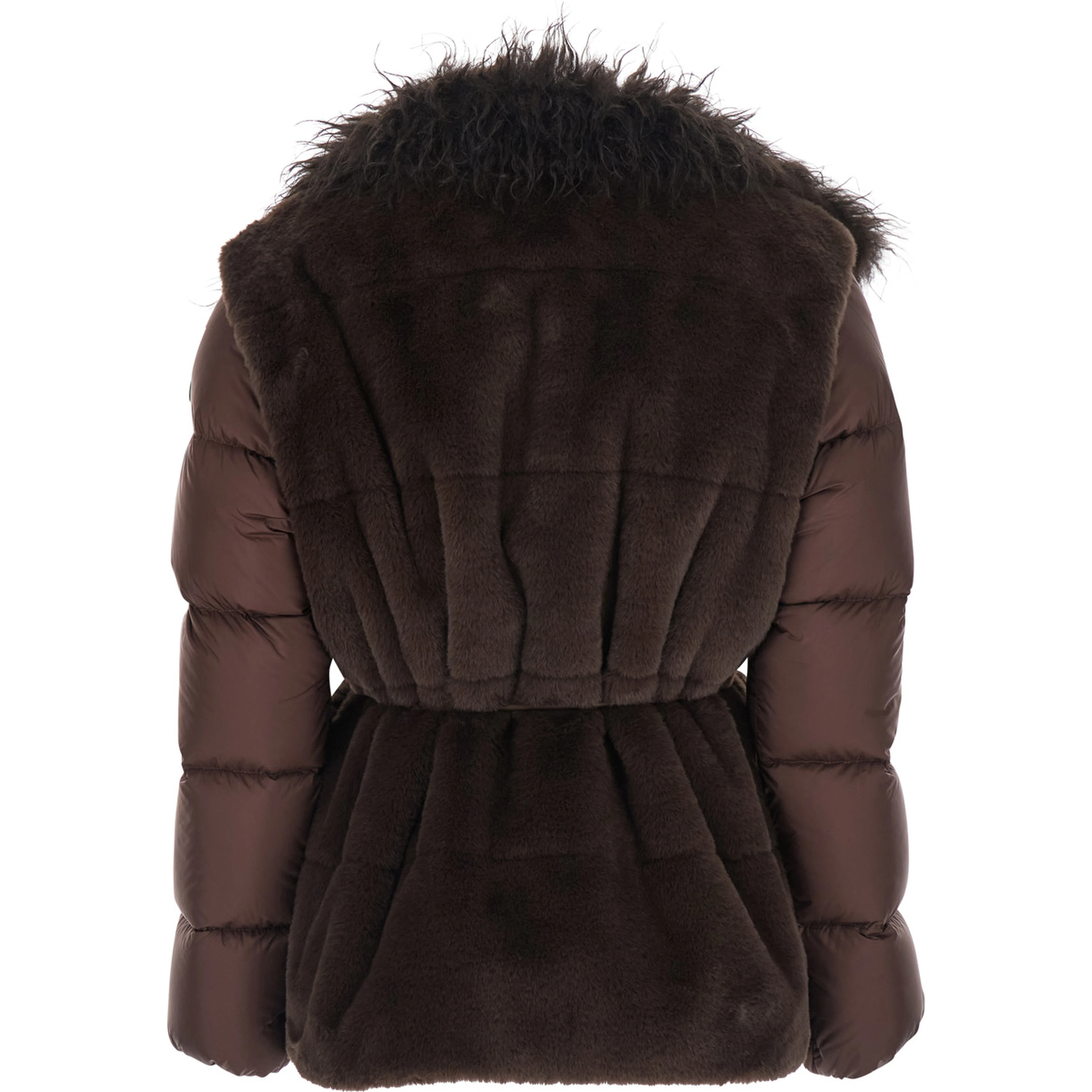 Immersive Brown Down jacket with maxi eco-fur collar and adjustable belt in tech fabric for women