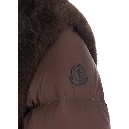 Immersive Brown Down jacket with maxi eco-fur collar and adjustable belt in tech fabric for women