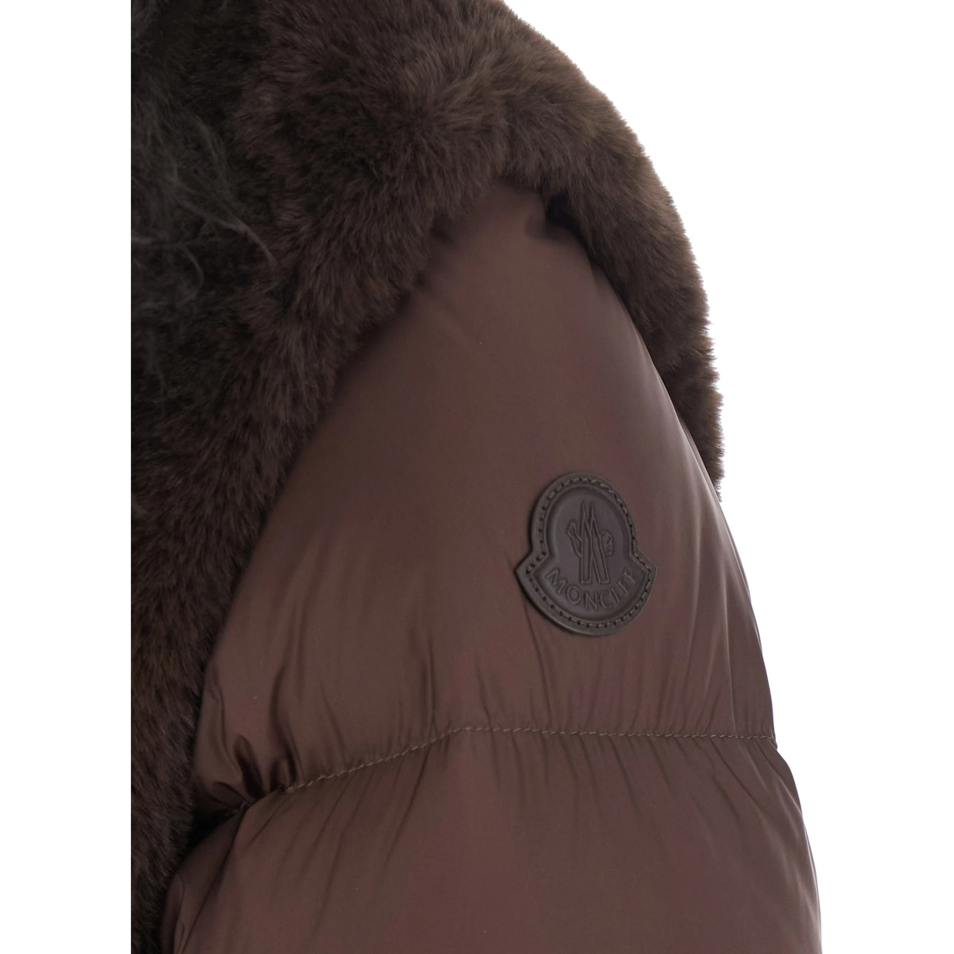 Immersive Brown Down jacket with maxi eco-fur collar and adjustable belt in tech fabric for women