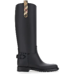 Cavalier Black Rain Boots with Check heel tab and back buckle strap in rubber for women