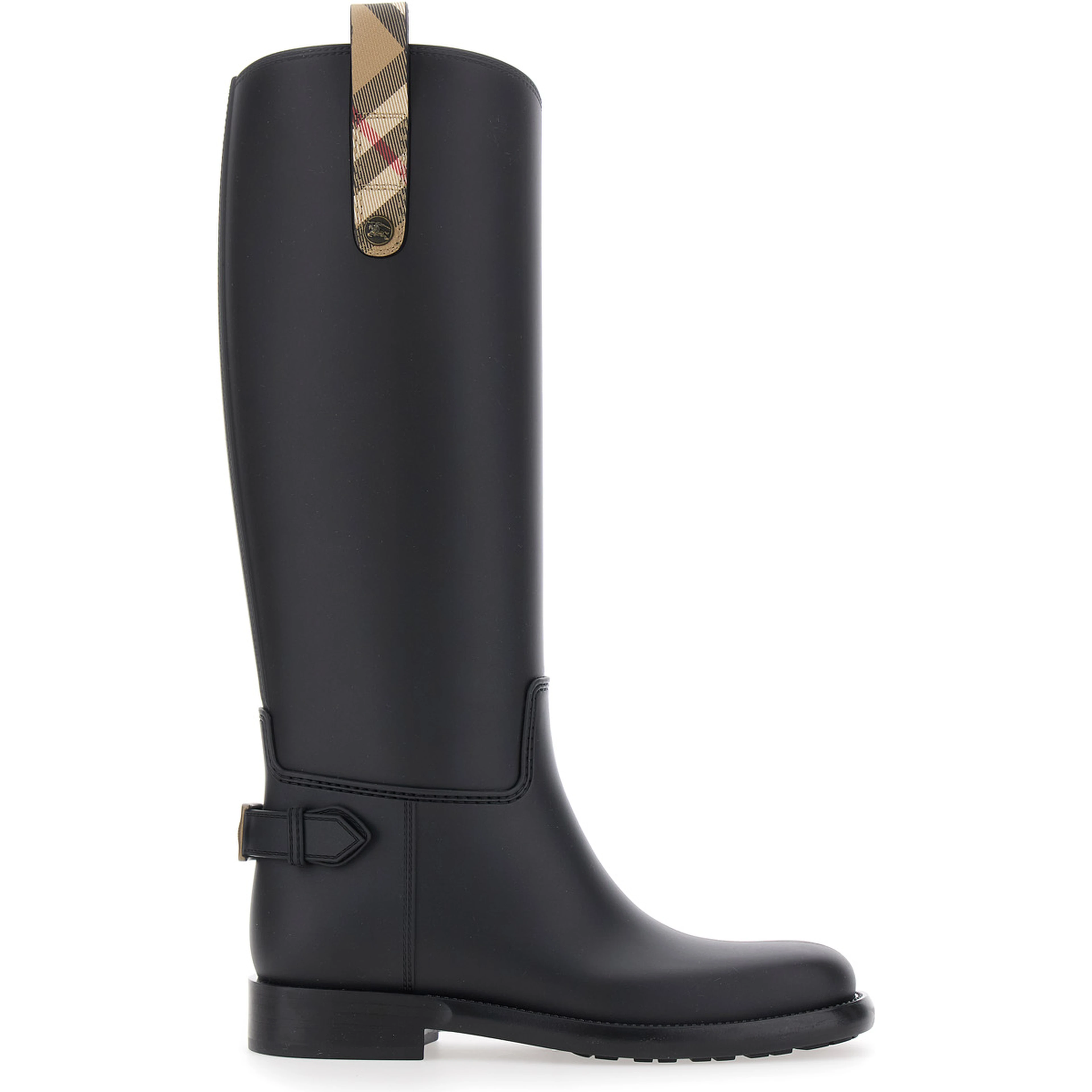 Cavalier Black Rain Boots with Check heel tab and back buckle strap in rubber for women