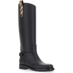 Cavalier Black Rain Boots with Check heel tab and back buckle strap in rubber for women