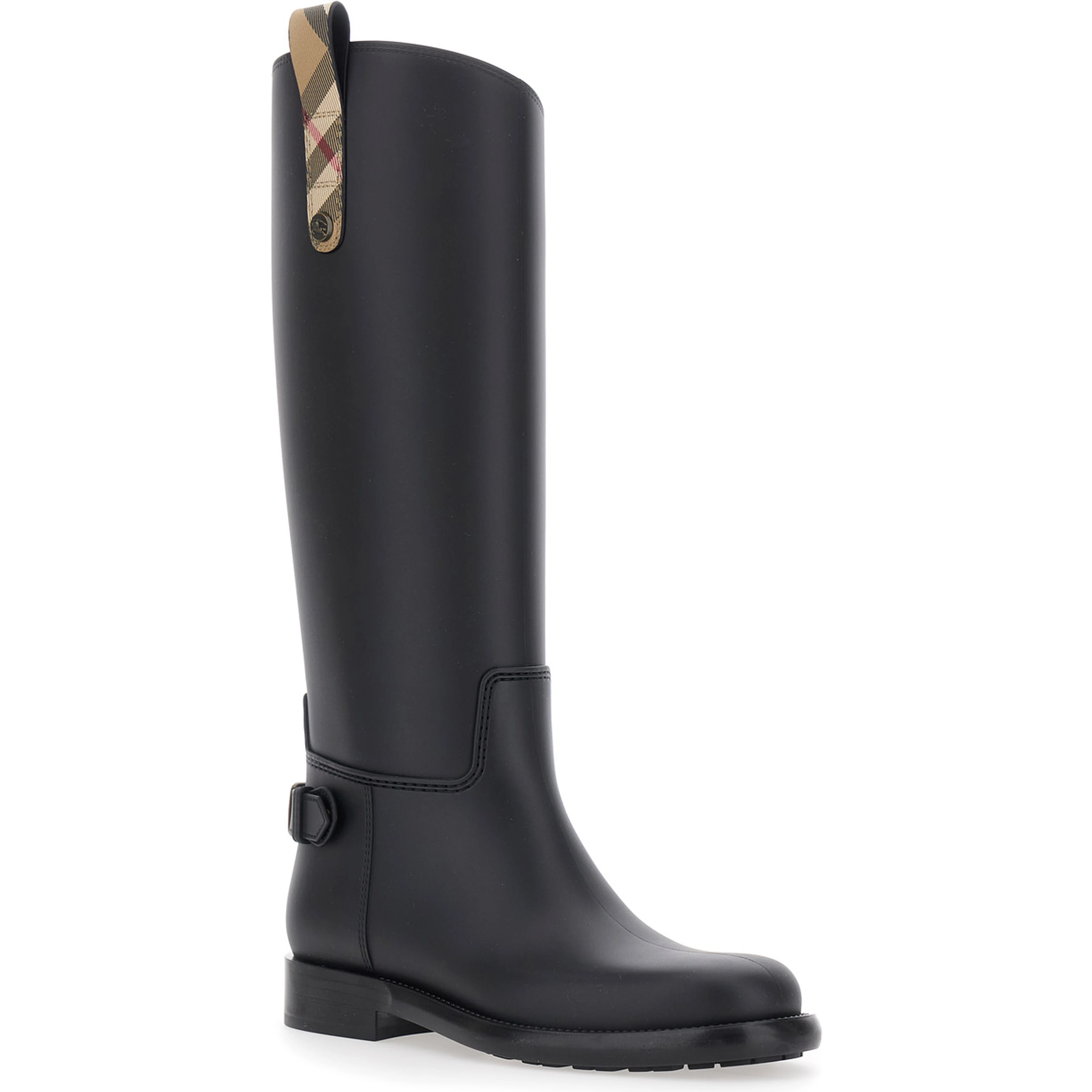 Cavalier Black Rain Boots with Check heel tab and back buckle strap in rubber for women