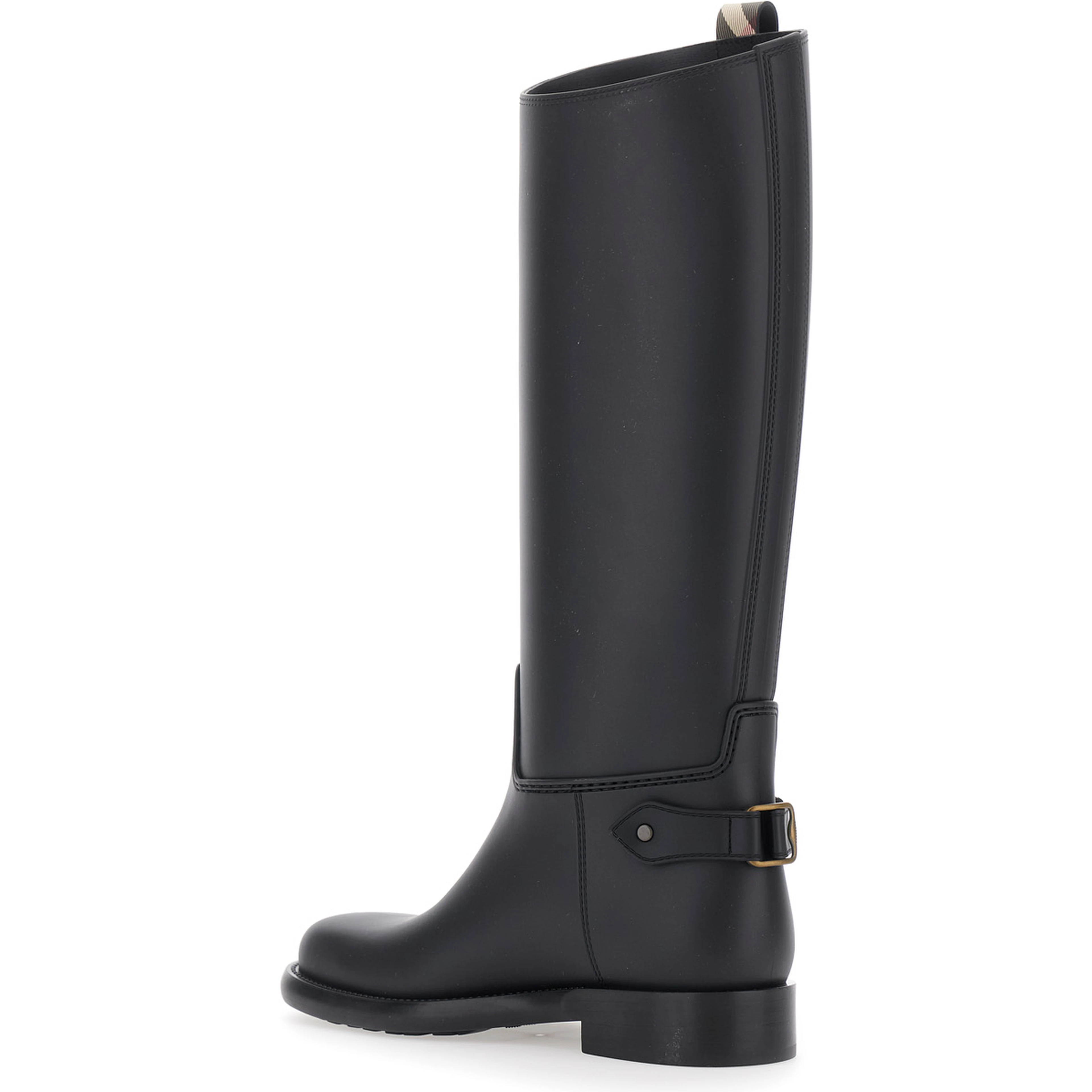 Cavalier Black Rain Boots with Check heel tab and back buckle strap in rubber for women