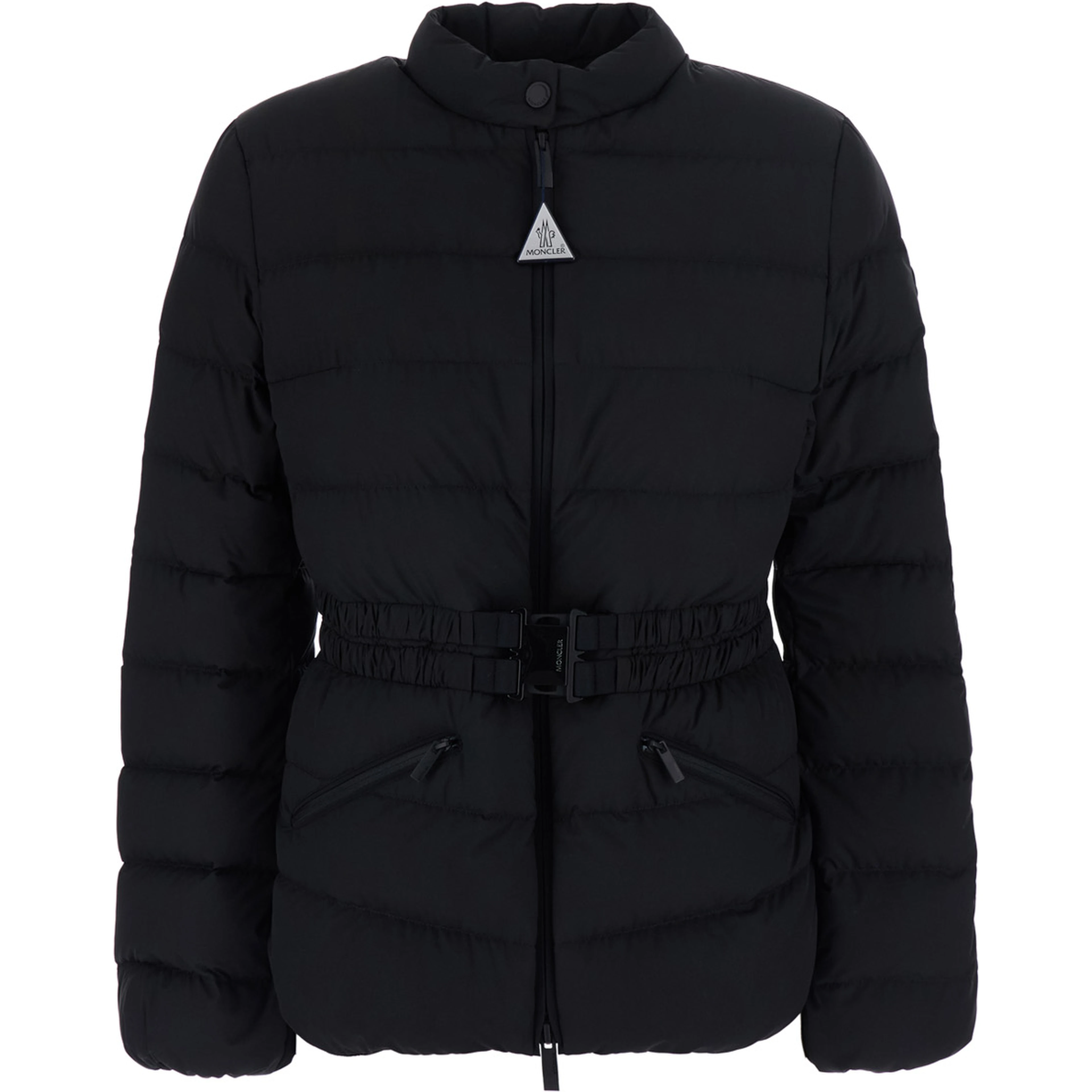 Esthetique Black Down jacket with waist belt and logo patch on the sleeve in tech fabric for women