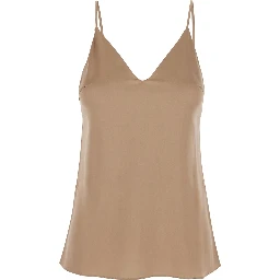 Beige Silk Blend Top with Thin Straps and V-Neck for Women