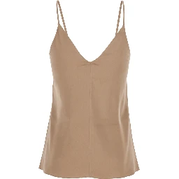 Beige Silk Blend Top with Thin Straps and V-Neck for Women