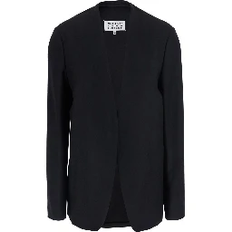Black Jacket with V-neck and back seams in virgin wool for women