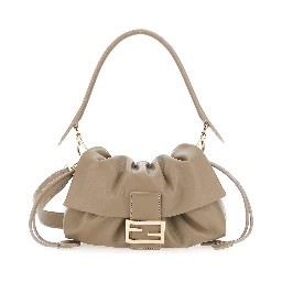 Baguette Soft Beige Medium Shoulder bag with FF plate on the Front and Drawstring Closure in Leather for Women