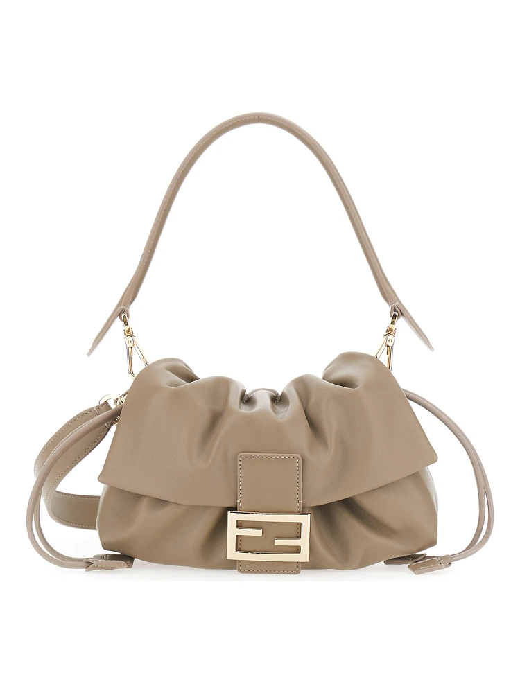 Baguette Soft Beige Medium Shoulder bag with FF plate on the Front and Drawstring Closure in Leather for Women