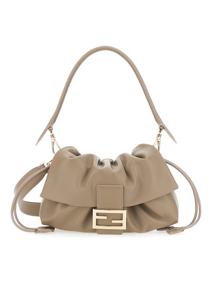Baguette Soft Beige Medium Shoulder bag with FF plate on the Front and Drawstring Closure in Leather for Women