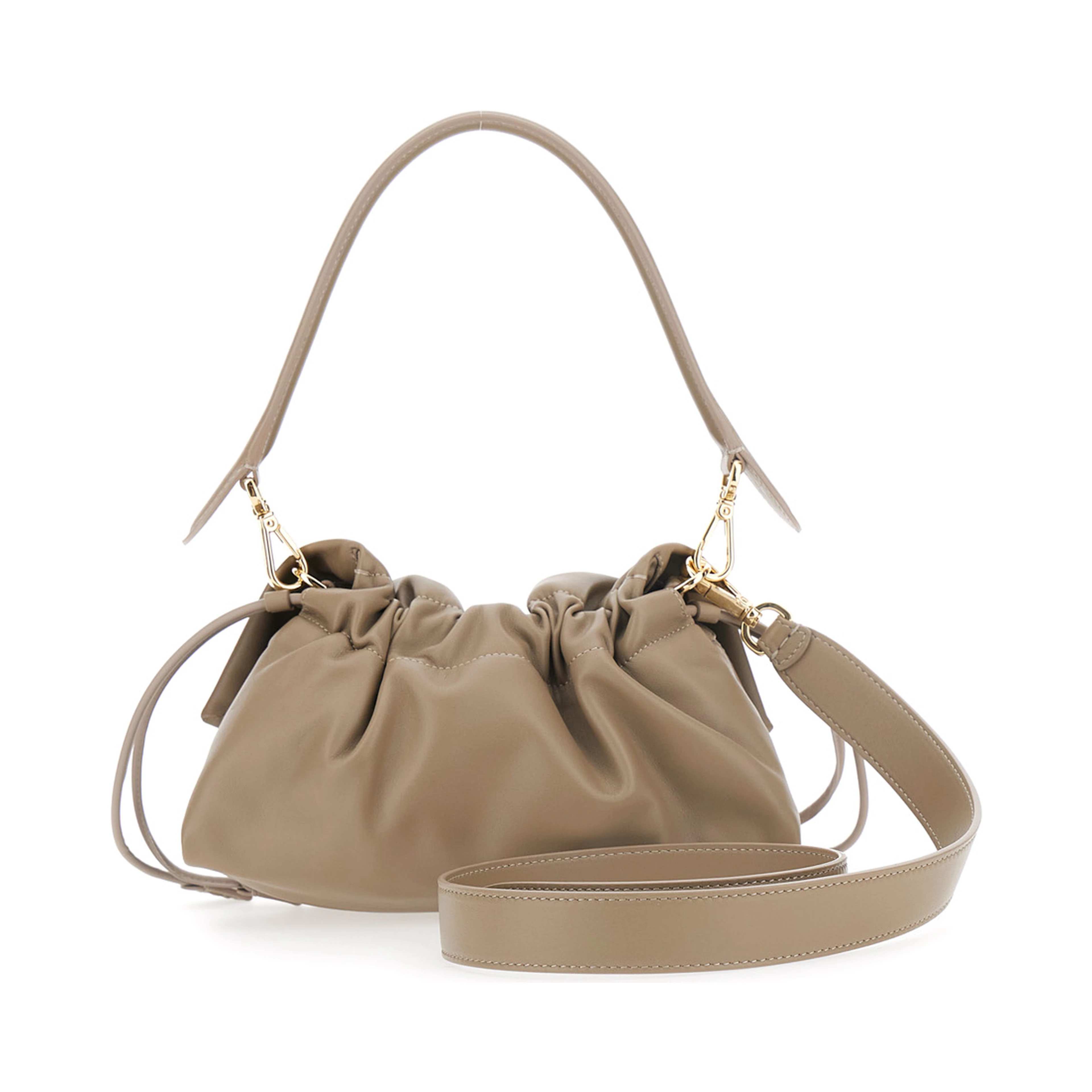 Baguette Soft Beige Medium Shoulder bag with FF plate on the Front and Drawstring Closure in Leather for Women