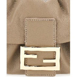 Baguette Soft Beige Medium Shoulder bag with FF plate on the Front and Drawstring Closure in Leather for Women