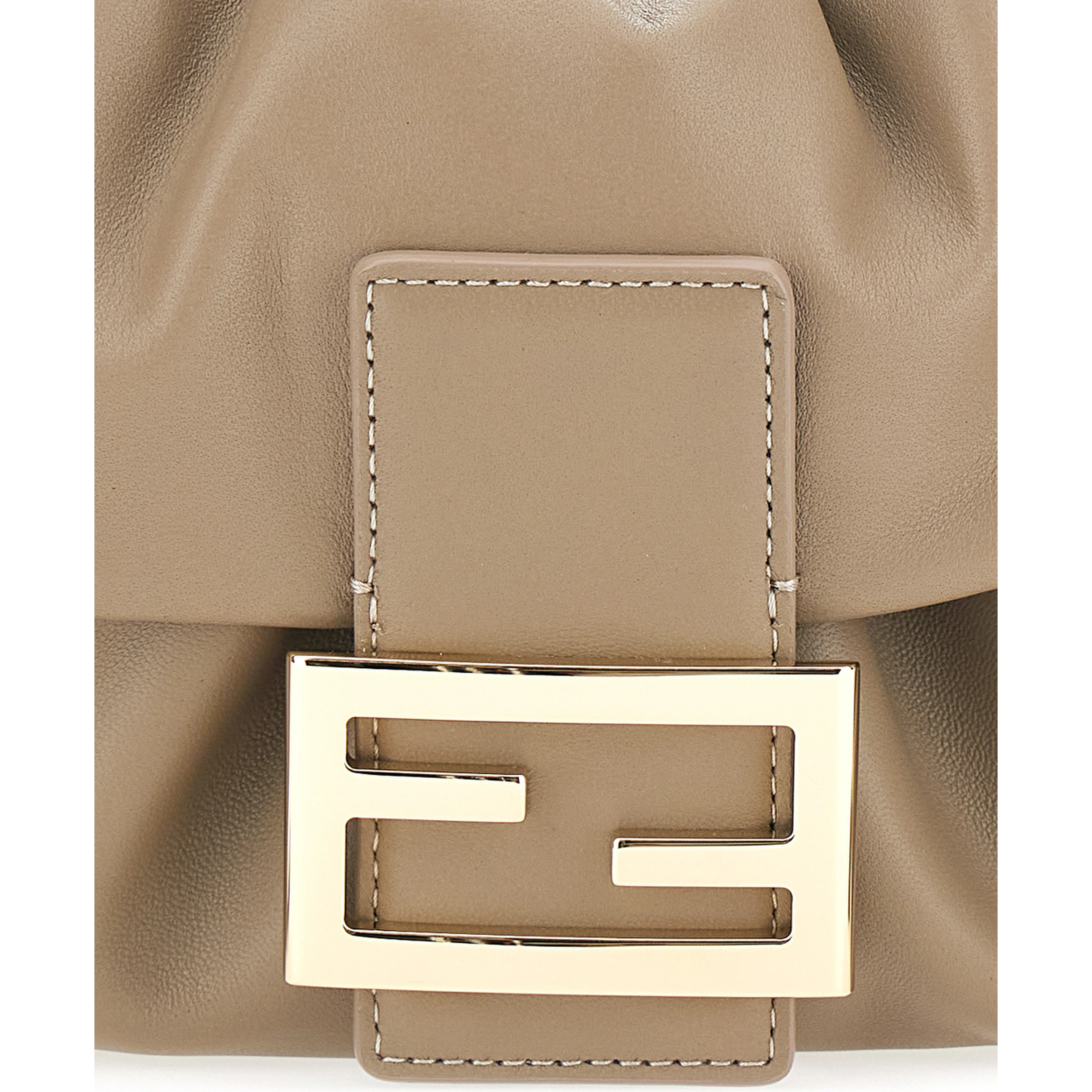 Baguette Soft Beige Medium Shoulder bag with FF plate on the Front and Drawstring Closure in Leather for Women