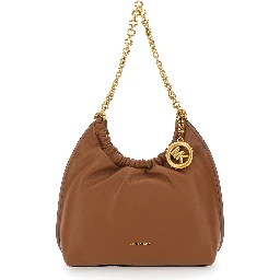 Indie Small brown Shoulder Bag with chain strap and logo plate on the front in leather women