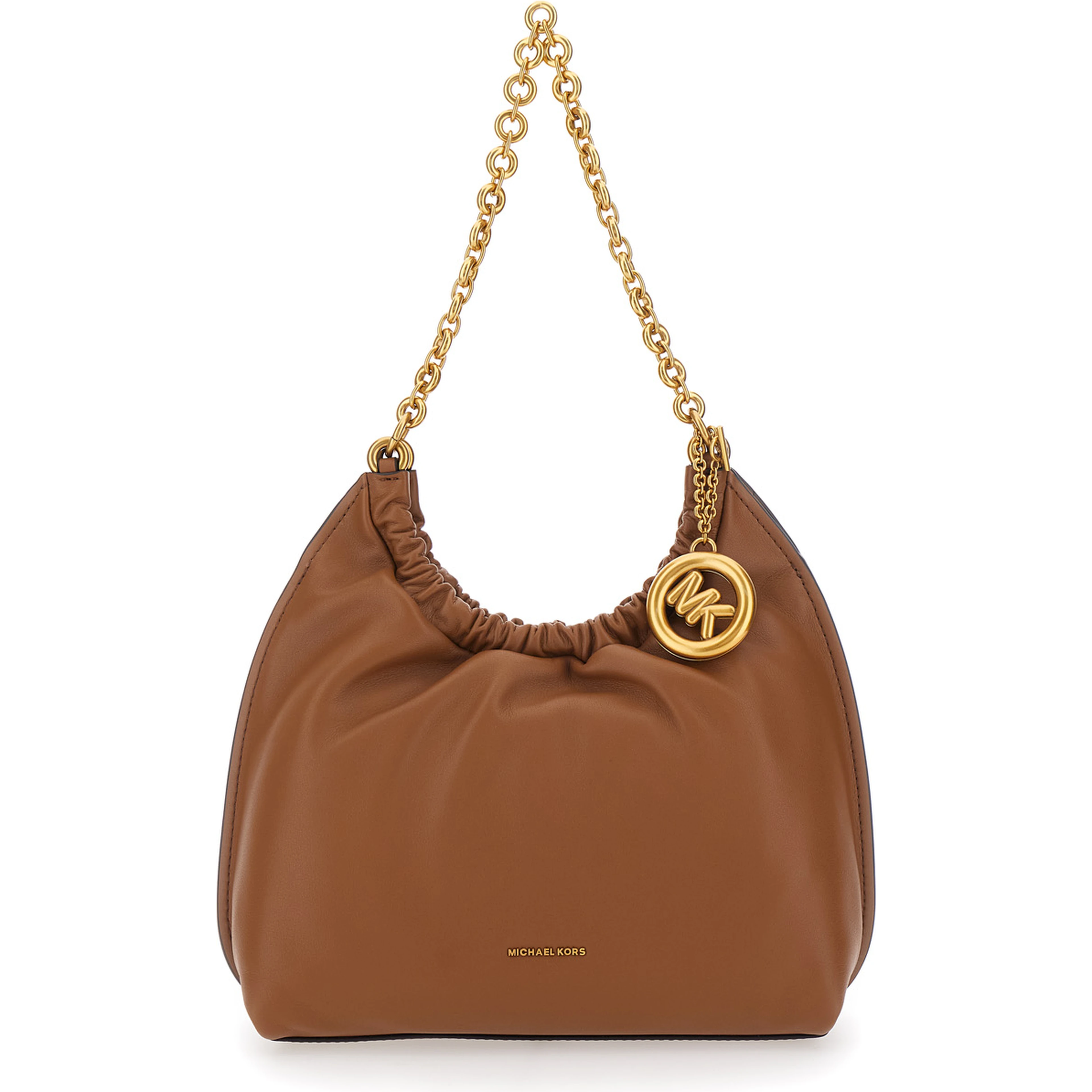 Indie Small brown Shoulder Bag with chain strap and logo plate on the front in leather women